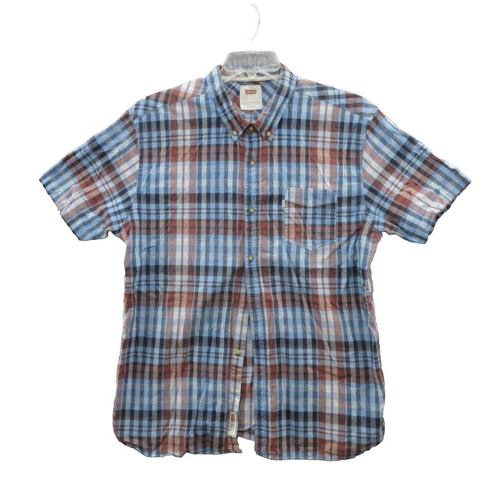 Levis Men's Button Down Shirt XL Blue 100% Cotton Plaid Short Sleeves Collared